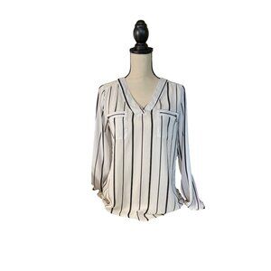 My Michelle Womens Striped Blouse M White Black Lace Yoke Zipper Pocket Boho